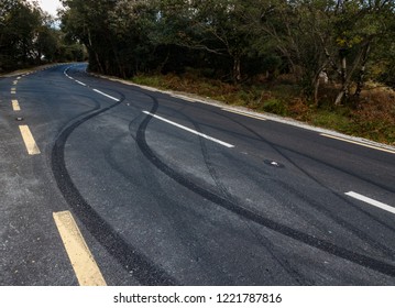 Car Tyre Skid Marks On A Rural Road