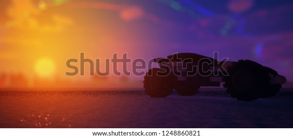 car in\
the urban background sunset landscape, 3d\
model