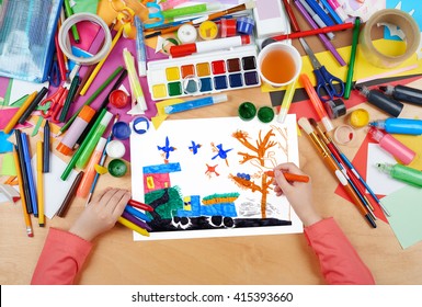 Car With Vegetables Crop And Birds, Child Drawing , Top View Hands With Pencil Painting Picture On Paper, Artwork Workplace