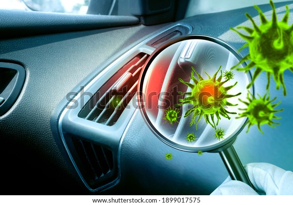 Car\
ventilation system.3D simulation of viruses inside the air\
conditioner by showing through a magnifying\
glass.