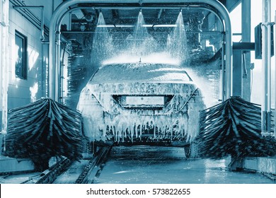 Car Wash, Automatic Car Wash In Action, Blue Colored, Car Concept. Wash Car. Technology. 