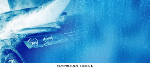 Car Wash Business Banner. Washing Car Backdrop with Copy Space. Blue Colors. - Shutterstock ID 588352043