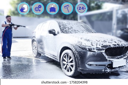 Car wash, full service related icons. Man cleaning automobile with foam