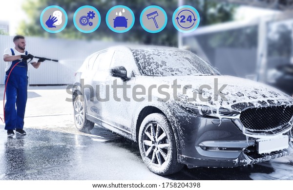 Car wash, full service related icons. Man cleaning\
automobile with foam