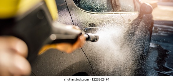 Car Wash With Pressure Washer At Home Backyard