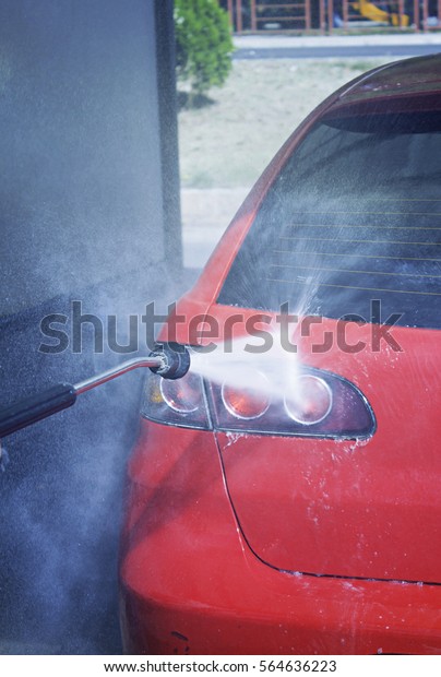 Car wash pressure water\
hose, vehicle
