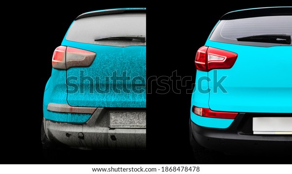 Car\
wash service before and after washing. Before and after cleaning\
maintenance. Half divided picture. Before and after effect. Washing\
blue vehicle at the station. Car washing concept.\
