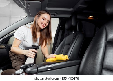 Car Wash Service, Girl Worker Cleaning Spray Eco Interior Modern Microfiber And Console Auto.