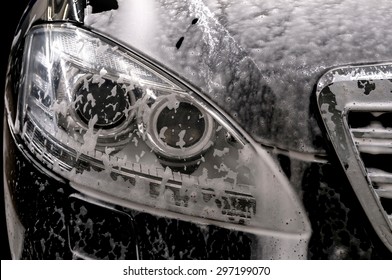 Car Wash With Soap. Modern Auto Covered By Foam.