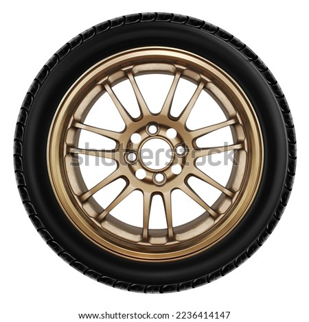 car wheel with alloy wheel colour gold bronze and tire isolated on white background.