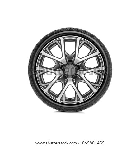 Car wheel with alloy wheel on a white background.