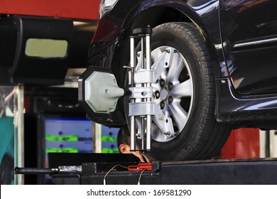 Car Wheel Fixed With Computerized Wheel Alignment Machine Clamp.