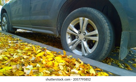 Car wheel on road. Yellow dry fallen leaves on asphalt. Golden autumn street. Travelling. Driving. Automobile hubcap. Protection auto. Fall. Vehicle tire pressure check concept. Real City life. Fall.