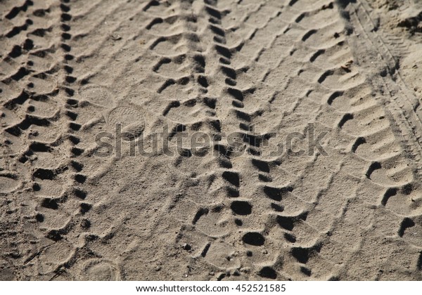 Car wheel\
tires print footprint on the gray\
sand