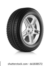 Car Wheel And Winter Tire On White 