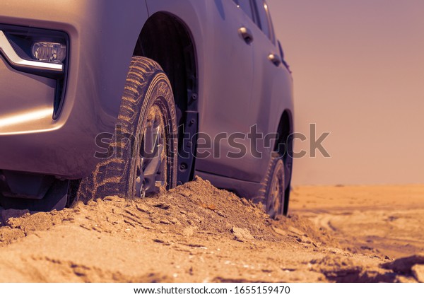 Car wheels on a\
sea beach sand. Close-up of car wheel on sandy dunes. Car stuck in\
the sand. Spinning wheel of a car stuck in the sand. Walvis Bay,\
Namibia, Africa. 07.02.2020\
