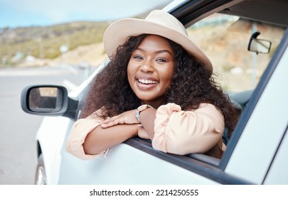 Car, Window And Road Trip Portrait Of Black Woman Relax On Australia Countryside Journey For Holiday Vacation Or Outdoor Adventure. Street Transportation Freedom, Travel SUV Van Or Happy Face Of Girl