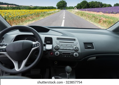 Car Windscreen With  Country Road, View  Inside Out