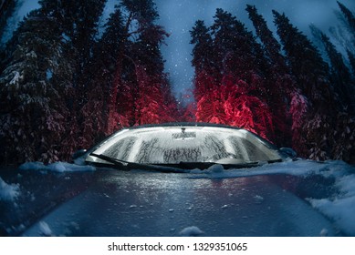 Car In The Winter Pine Forest. Night Time