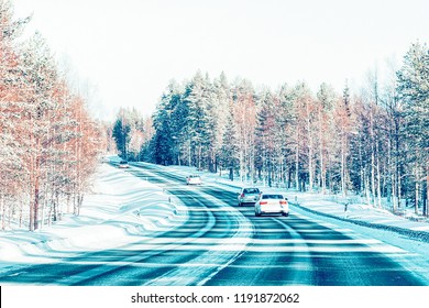 Car In The Winter Road In Rovaniemi Of Lapland, Finalnd