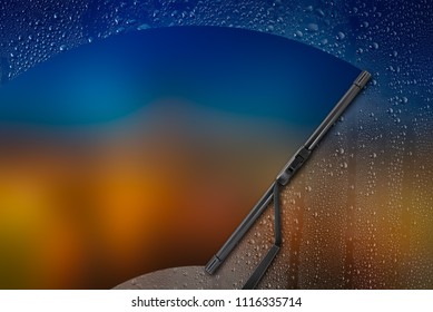 Car wiper cleaning rain drop on glass with color background