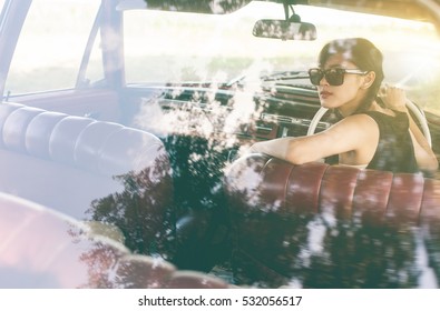 Car Woman Happy In Old Retro Vintage Car