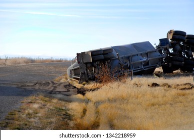 Car Wreck Of Semi Truck Trailer Rolled Over Crash Crashed Wrecked Rollover