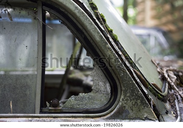 Car wreck with smashed\
window