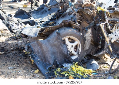 Car Wrecked From Car Bomb In Crime Scene