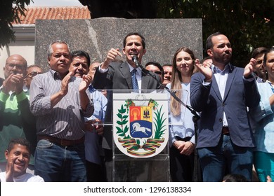 Caracas, Capital District / Venezuela - 01 25 2019: President Of The National Assembly And Interim President Of Venezuela Juan Guaidó Speaking At A Town Meeting In Caracas