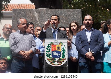 Caracas, Capital District / Venezuela - 01 25 2019: President Of The National Assembly And Interim President Of Venezuela Juan Guaidó Speaking At A Town Meeting In Caracas