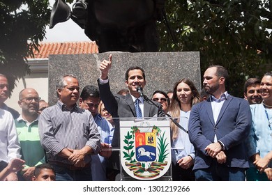 Caracas, Capital District / Venezuela - 01 25 2019: President Of The National Assembly And Interim President Of Venezuela Juan Guaidó Speaking At A Town Meeting In Caracas