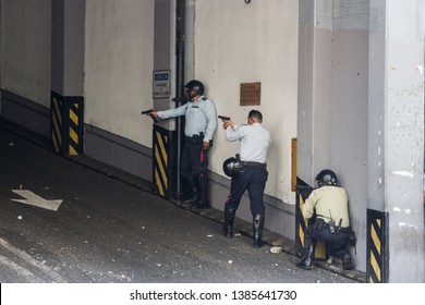 Caracas, Capital District /Venezuela; 04/30/2019: Municipal Police Of Chacao Confront Collectives Of Nicolas Maduro - Altamira 