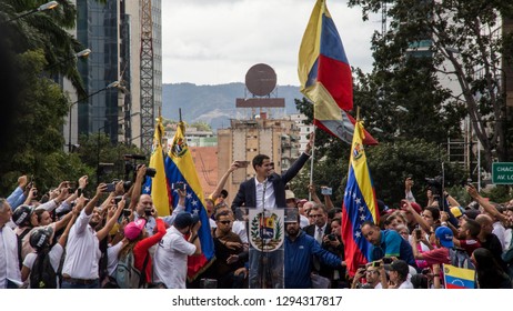 Caracas, Miranda/Venezuela - January 23rd 2019: President Of Venezuelan National Assembly Juan Guaido Talks To The People During A Rally.