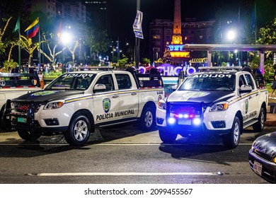 Caracas, Venezuela - 11-17-2021: City Police Transport Guards On Duty In Center At Night With Lights