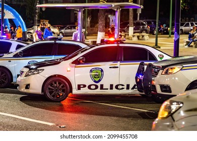 Caracas, Venezuela - 11-17-2021: City Police Transport Guards On Duty In Center At Night With Lights