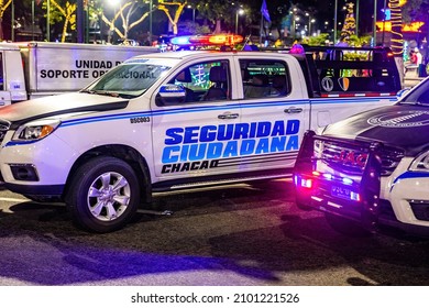 Caracas, Venezuela - 11-17-2021: City Police Transport Guards On Duty In Center At Night With Lights