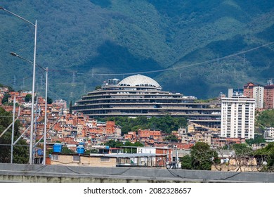 Caracas, Venezuela, 11.27.2021: view of a popular suburb with the "Helicoide" building located in Roca Tarpeya.