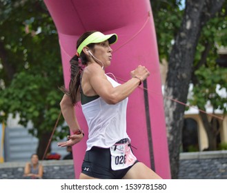 CARACAS, VENEZUELA - 20th OCTOBER 2019: Female Athlete Crosses The Finish Line Of A 5K Race, In Las Mercedes, Caracas.