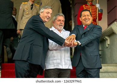 Caracas (Venezuela) August 8, 2010. The Former Presidents Of Venezuela, Hugo Chavez (R) Of Brazil, Luiz Inácio Lula Da Silva (C) And Argentina Néstor Kirchner (L) In Caracas.
