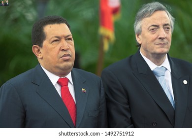 Caracas (Venezuela) August 8, 2010. The Former Presidents Of Venezuela, Hugo Chavez (L)) And Argentina Néstor Kirchner (R) At The Miraflores Palace In Caracas