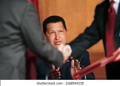 Caracas (Venezuela) Feb. 18, 2009. Former Venezuelan President Hugo Chavez At A Press Conference At The Miraflores Palace In Caracas.