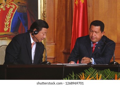 Caracas (Venezuela) Feb. 18, 2009. The President of the People's Republic of China, Xi Jinping, (R) State visit to Venezuela, where he met with former president of that country, Hugo Chavez (L)
