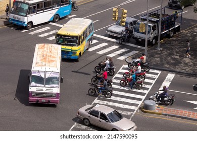 Caracas, Venezuela. January 22, 2022. Motorized traffic at a traffic light in the city center seen from the steps of Calvary