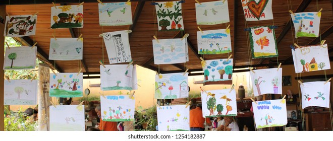 Caracas/Venezuela-April 22, 2018: Art Exhibition Drawings By Scholar Kids On The Earth Day Showcasing Nature And Environmental Issues