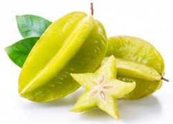 Carambola Fruit With Slice Of Star Fruit And Leaves Isolated On A White Background.