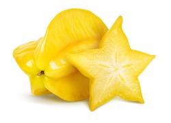 Carambola Isolated, Star Apple Or Yellow Starfruit On White Background. Whole And Slice Star Fruit. Clipping Path Included.