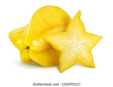 Carambola isolated, star apple or yellow starfruit on white background. Whole and slice star fruit. Clipping path included.