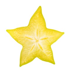 Carambola Slice Isolated, Star Apple Or Yellow Starfruit On White Background. Clipping Path Included.