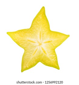 Carambola slice isolated, star apple or yellow starfruit on white background. Clipping path included.